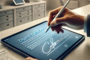 DALL·E 2024-12-18 12.04.56 - A realistic depiction of a digital signature being created on a tablet screen in a professional banking or postal office setting. The scene shows a st